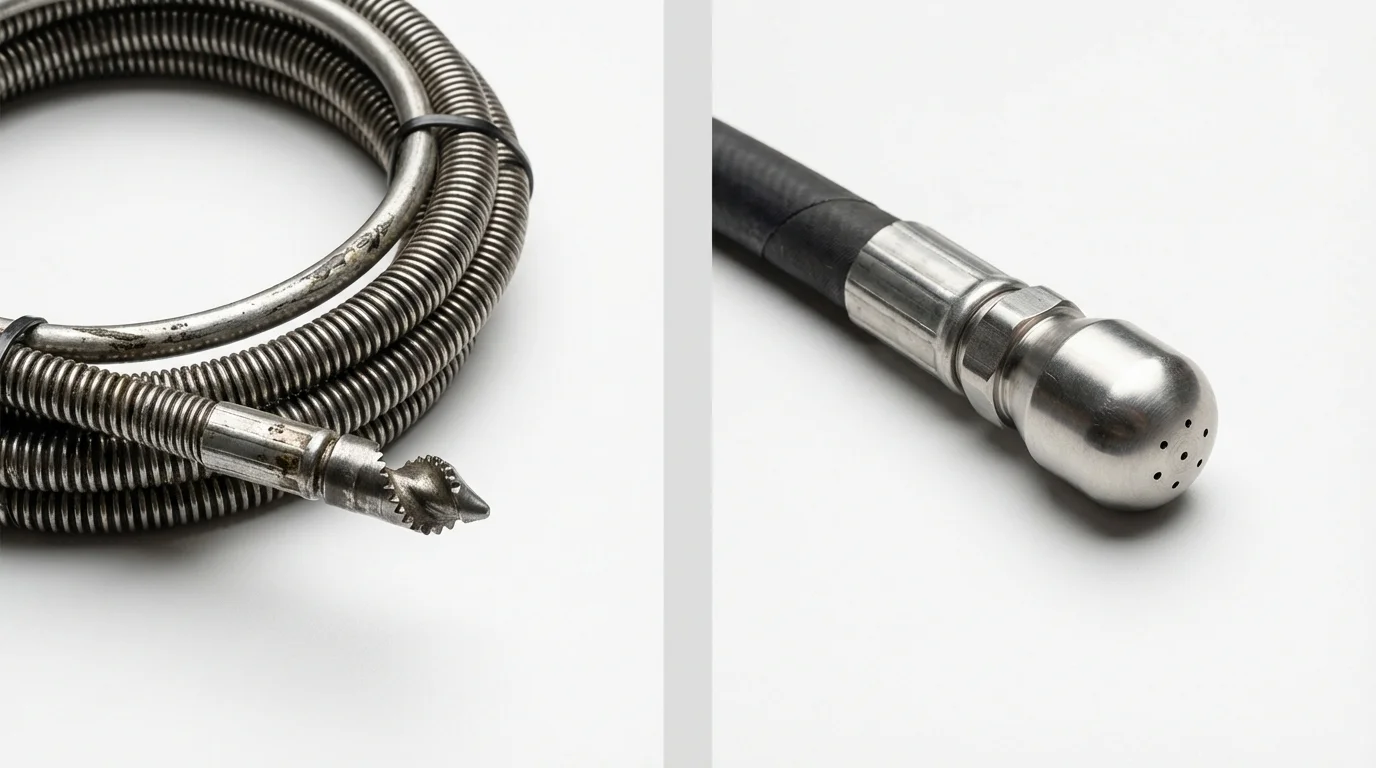 Drain snake cable and hydro jetting nozzle used for drain cleaning in Warrenville, IL